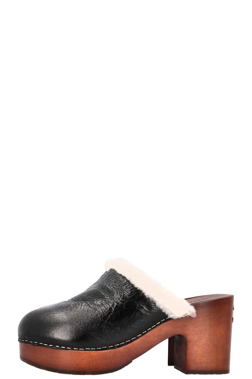 CHANEL 2019 Shearling Plateau Clogs Black