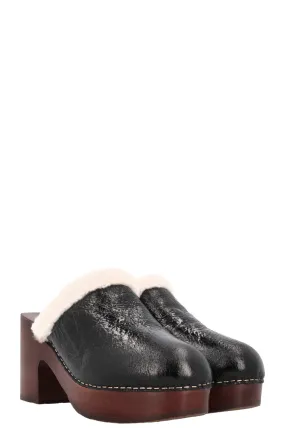 CHANEL 2019 Shearling Plateau Clogs Black
