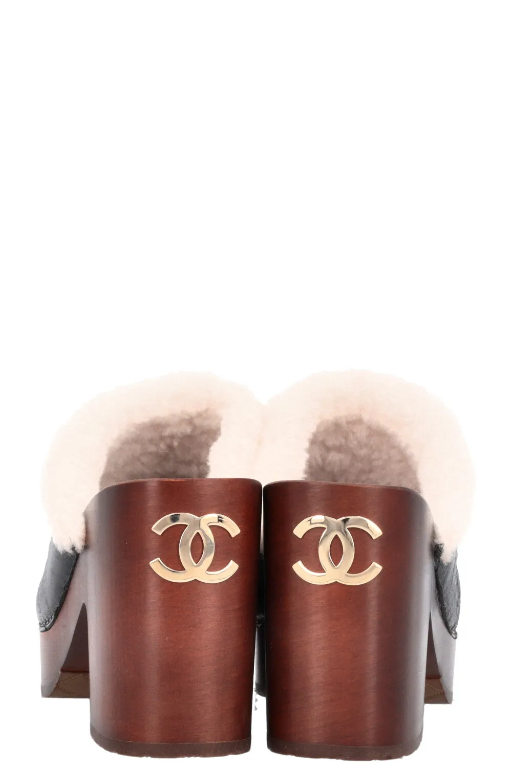 CHANEL 2019 Shearling Plateau Clogs Black