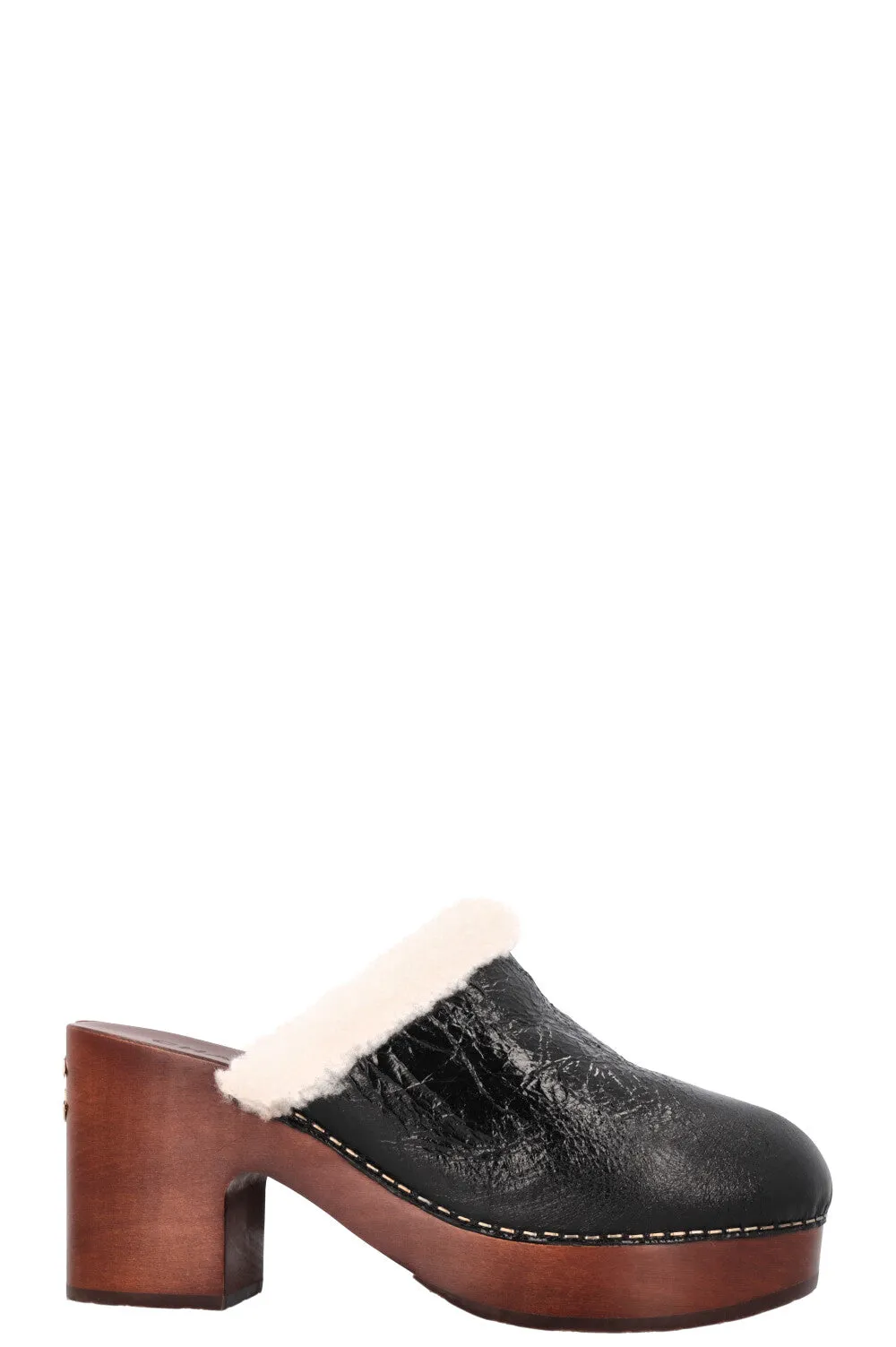 CHANEL 2019 Shearling Plateau Clogs Black