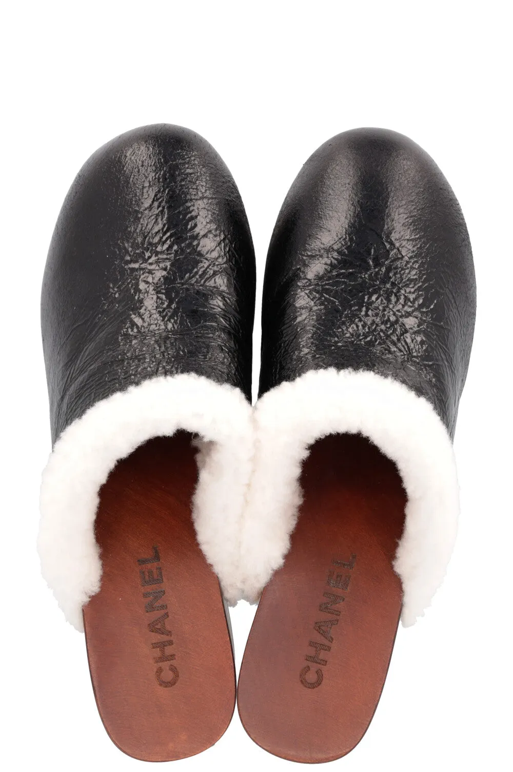 CHANEL 2019 Shearling Plateau Clogs Black