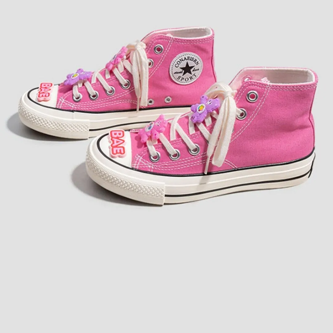 Cute Rainbow Bear Pink High Top Canvas Shoes