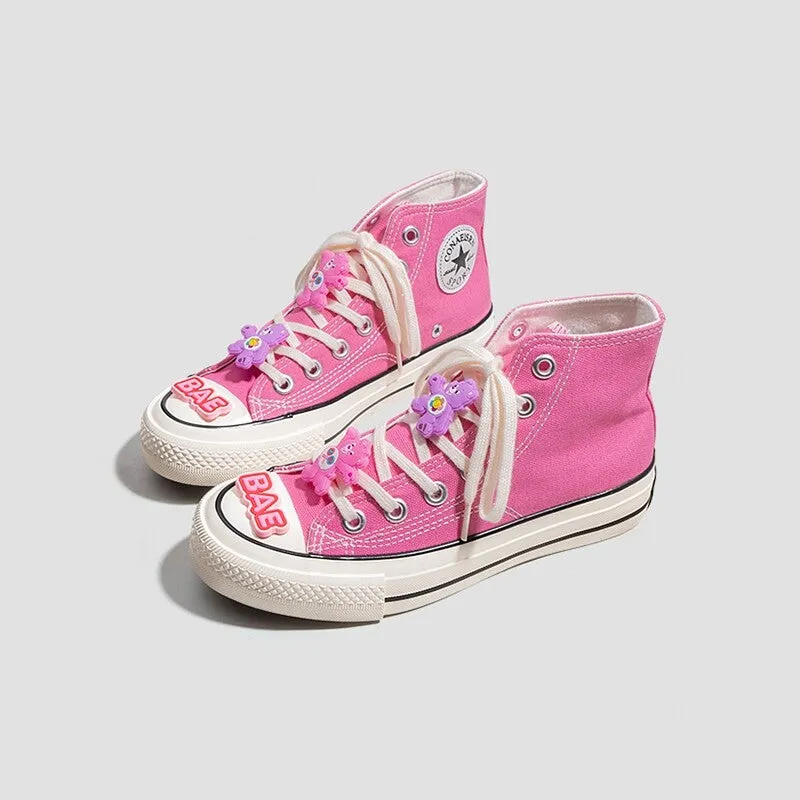 Cute Rainbow Bear Pink High Top Canvas Shoes