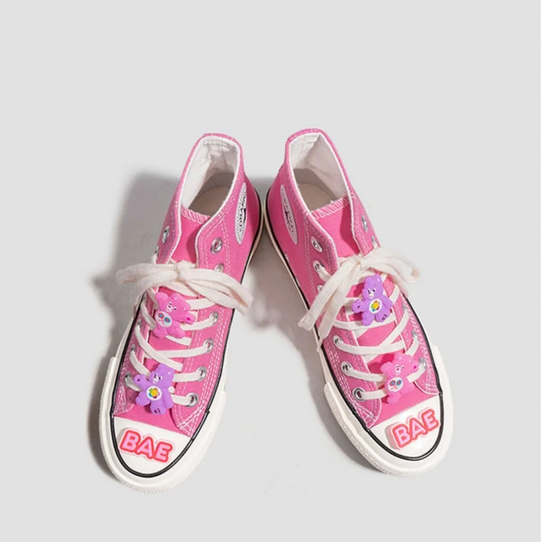 Cute Rainbow Bear Pink High Top Canvas Shoes