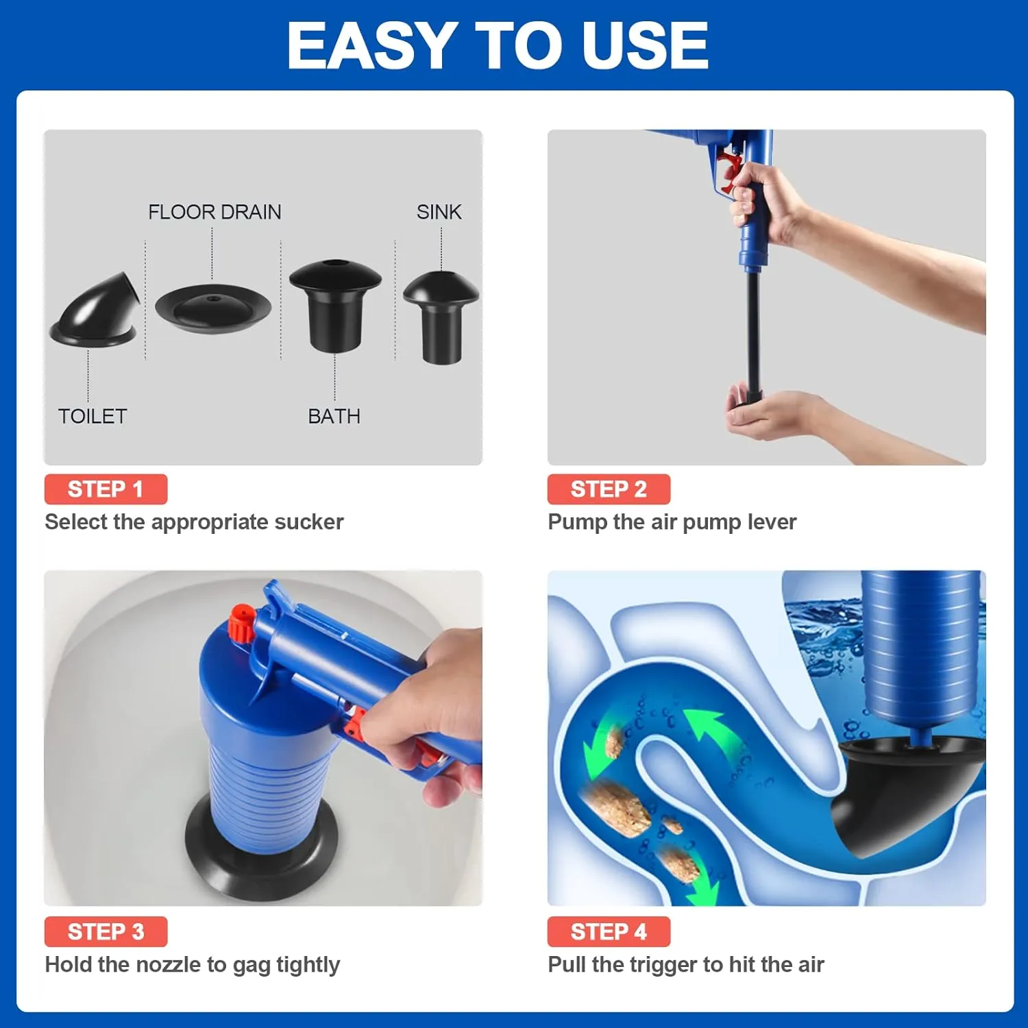 Drain Blaster Air Toilet Sink Plunger Gun Drain Clog Remover Tool