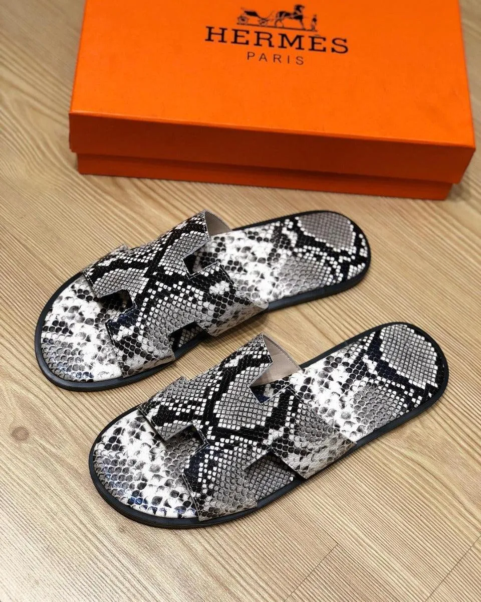 Hermes Izmir Men's Snake Skin Black Grey Leather Sandals