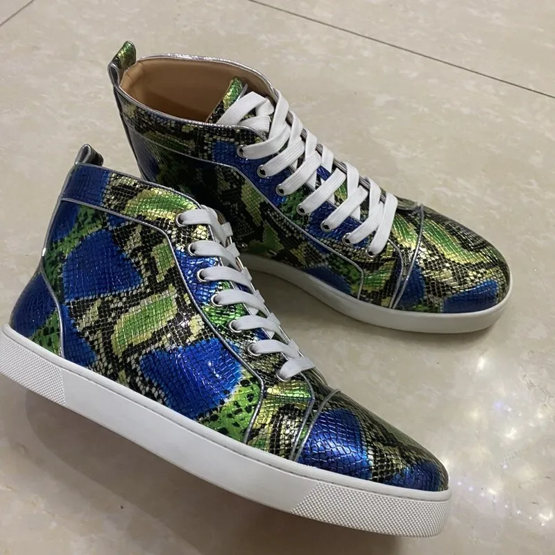 Luxury Brand Green Snakeskin Pattern Genuine Leather Sneakers High Top Casual Shoes Lace-up Flats Mens Sneakers