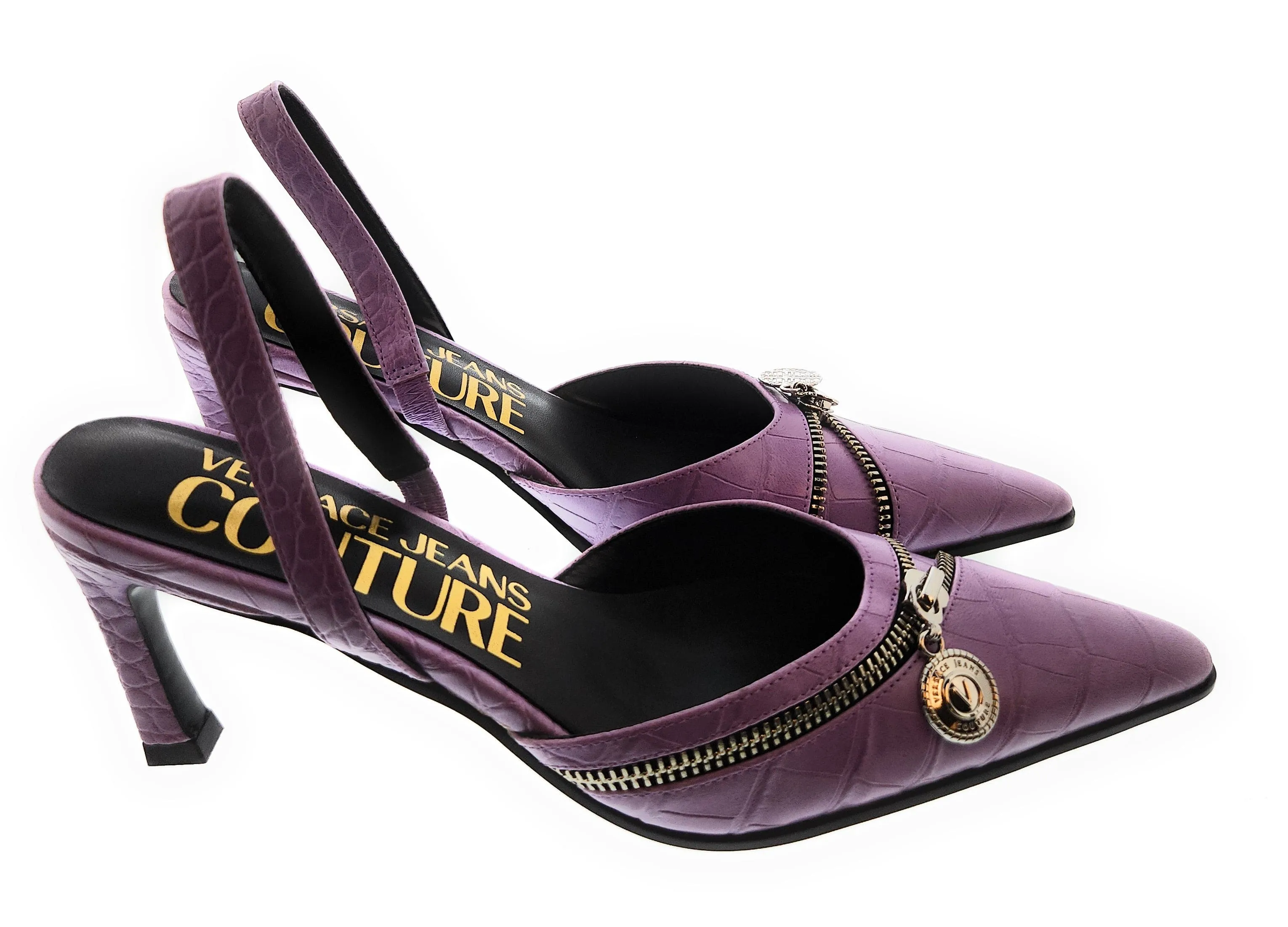 Versace Jeans Couture Lilac  Embossed Zipper Pointed Toe High Heel Slingback-