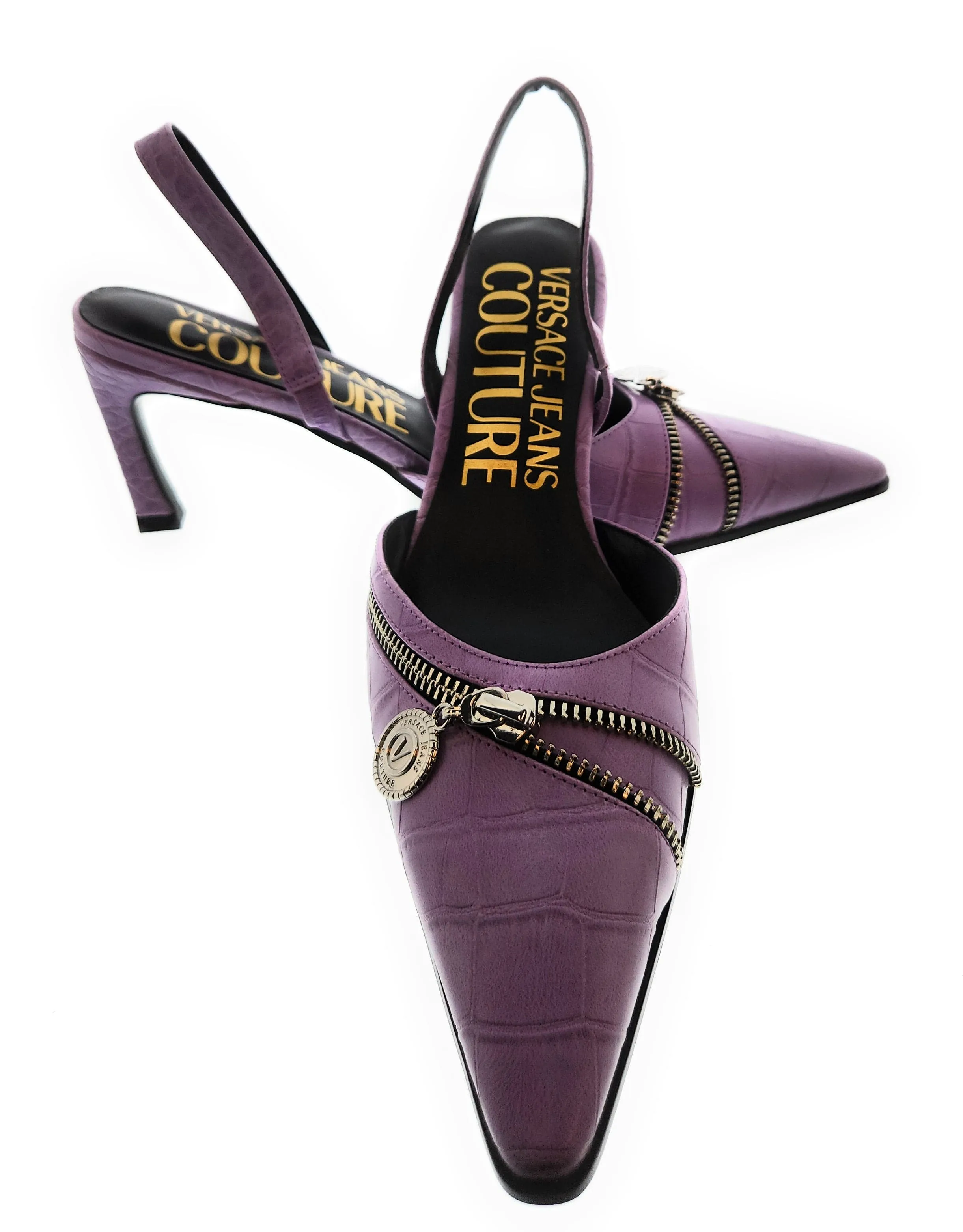 Versace Jeans Couture Lilac  Embossed Zipper Pointed Toe High Heel Slingback-